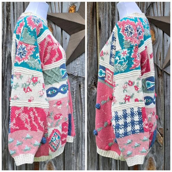 VTG Patchwork Sweater Crystal Kobe Size Petite Medium Pink Blue Beige Floral NWT - Picture 2 of 9